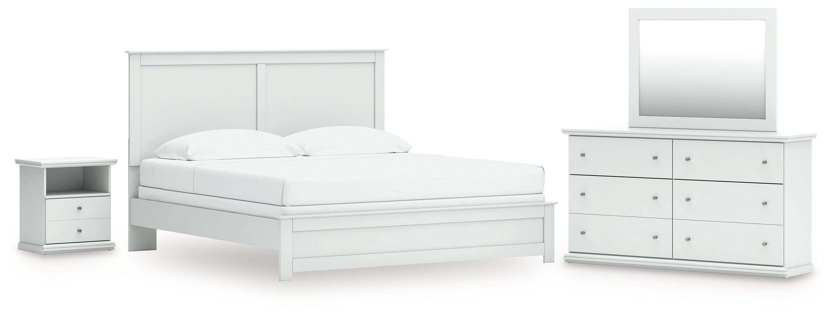 Bostwick Shoals King Panel Bed with Mirrored Dresser and Nightstand in White - PKG021582
