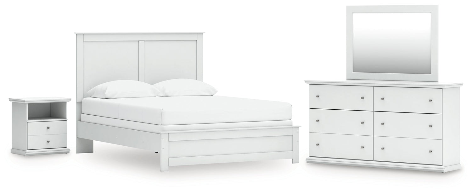 Bostwick Shoals Queen Panel Bed with Mirrored Dresser and Nightstand in White - PKG021574