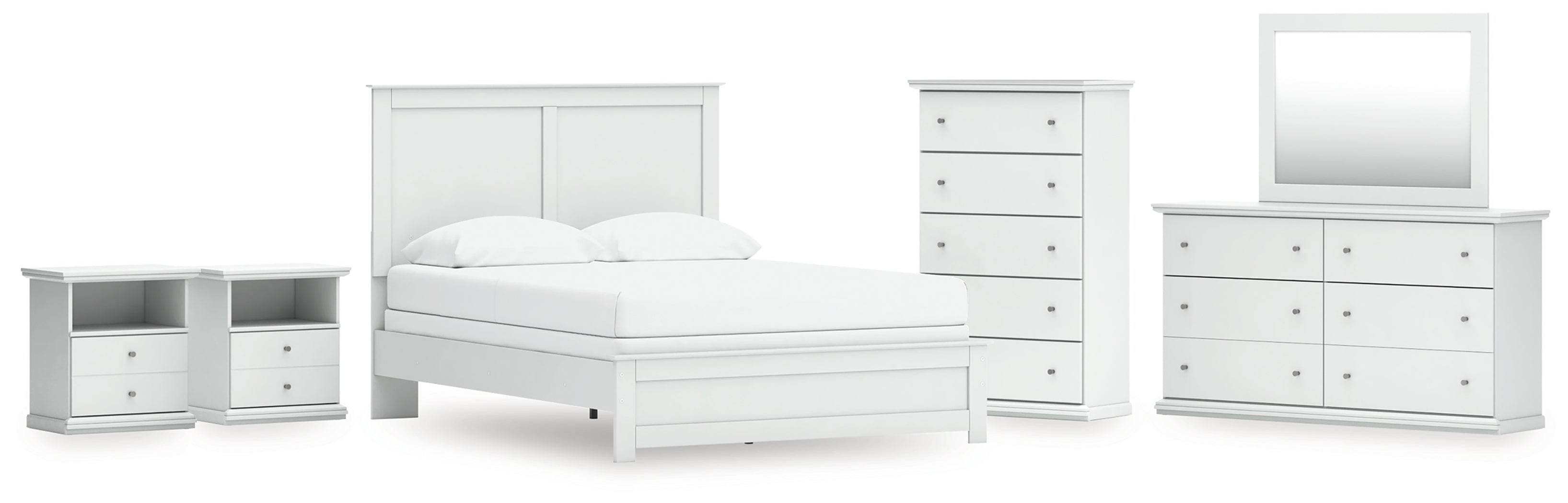 Bostwick Shoals Queen Panel Bed with Mirrored Dresser, Chest and 2 Nightstands - B139B49