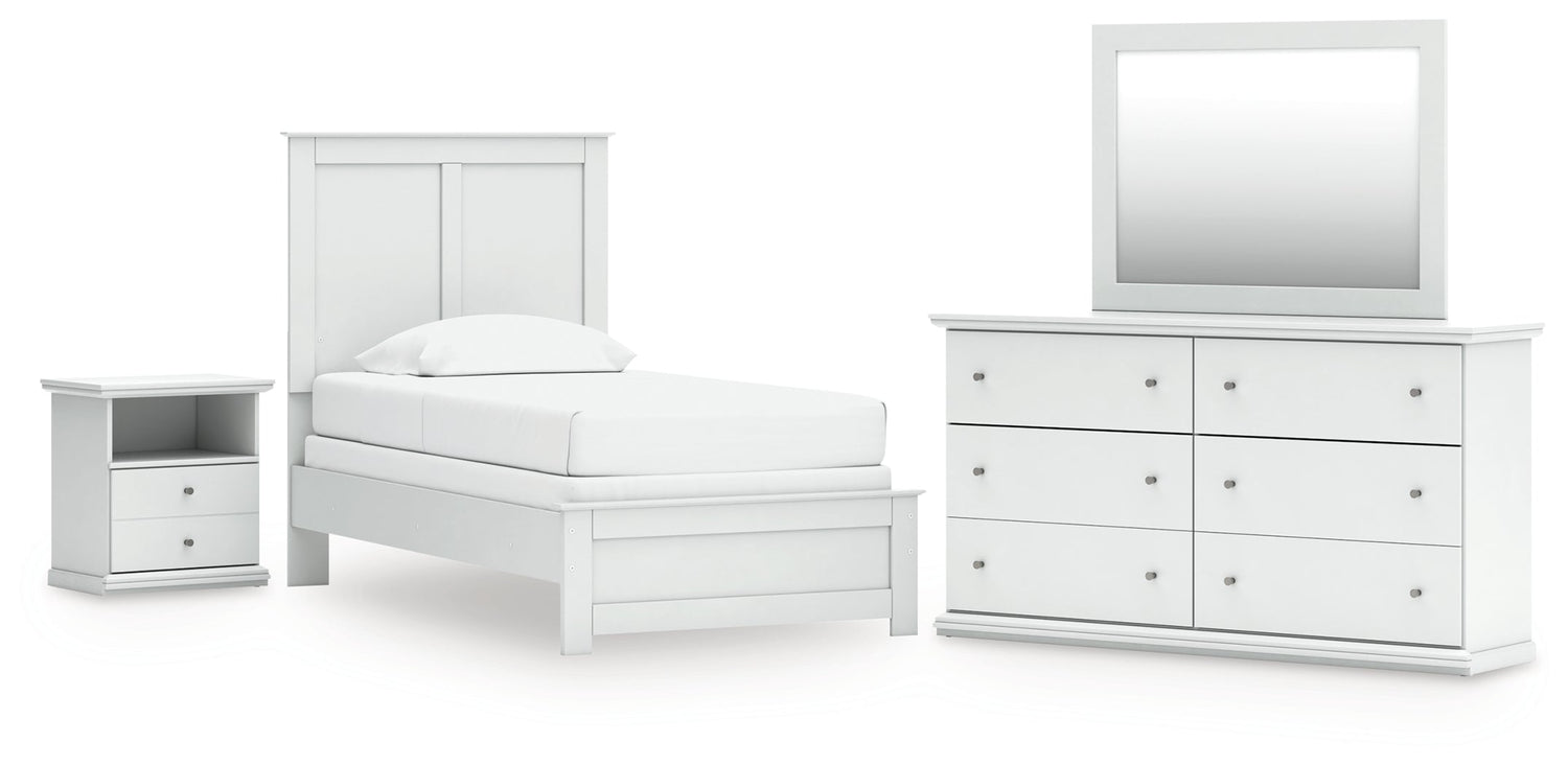 Bostwick Shoals Twin Panel Bed with Mirrored Dresser and Nightstand in White - PKG021558