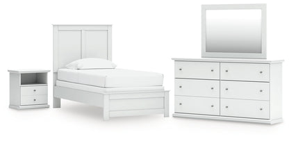 Bostwick Shoals Twin Panel Bed with Mirrored Dresser and Nightstand in White - PKG021558