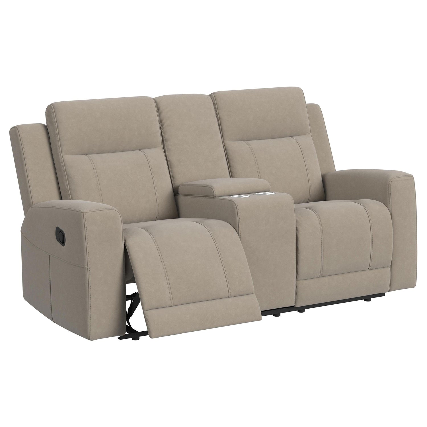 Brentwood Taupe Upholstered Motion Reclining Loveseat with Console from Coaster - Luna Furniture