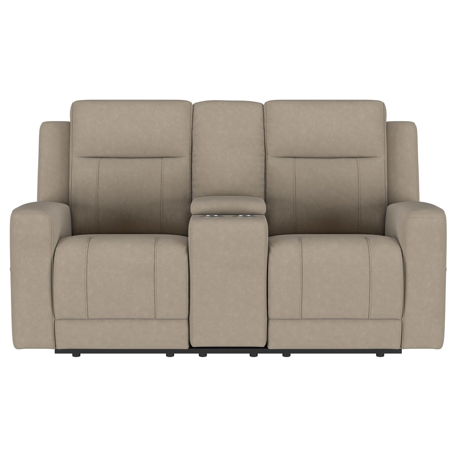 Brentwood Taupe Upholstered Motion Reclining Loveseat with Console from Coaster - Luna Furniture