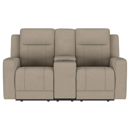 Brentwood Taupe Upholstered Motion Reclining Loveseat with Console from Coaster - Luna Furniture