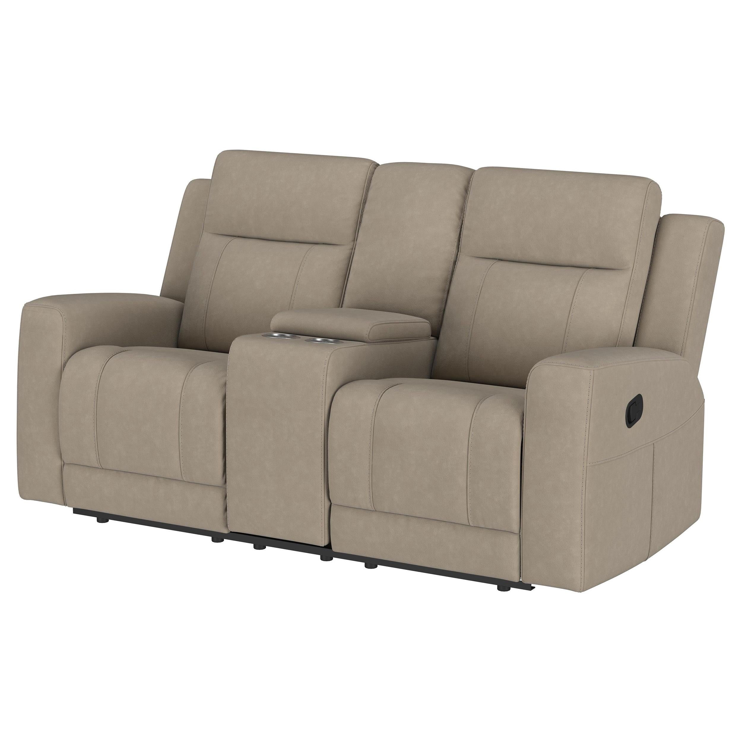 Brentwood Upholstered Motion Reclining Loveseat with Console Taupe - 610282