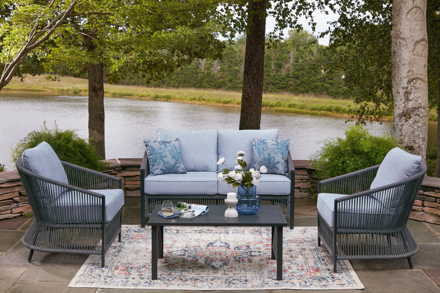 Bridges Beach Gray Outdoor Love/Chairs/Table Set (Set of 4) - PCP391-080