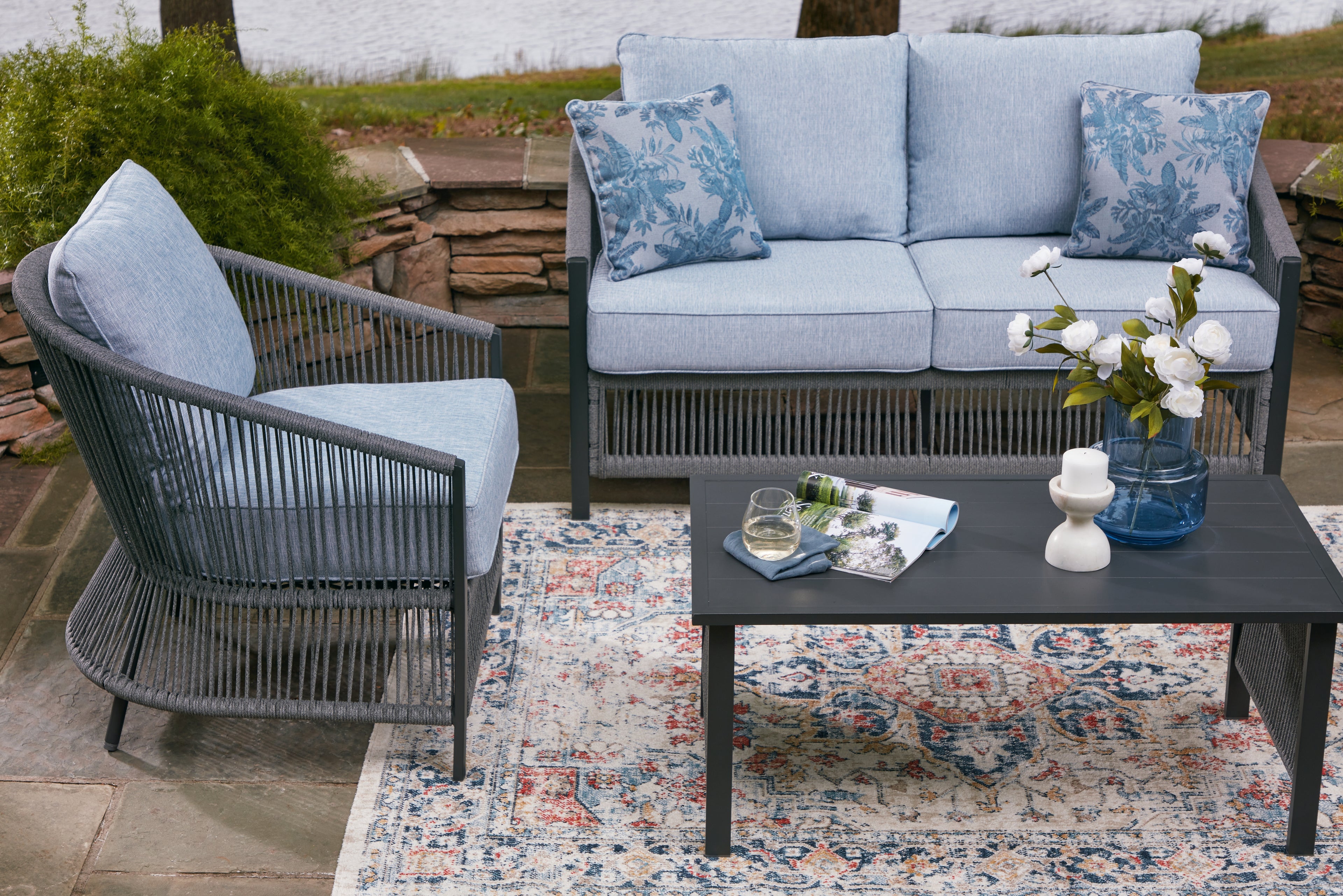 Bridges Beach Gray Outdoor Love/Chairs/Table Set (Set of 4) - PCP391-080