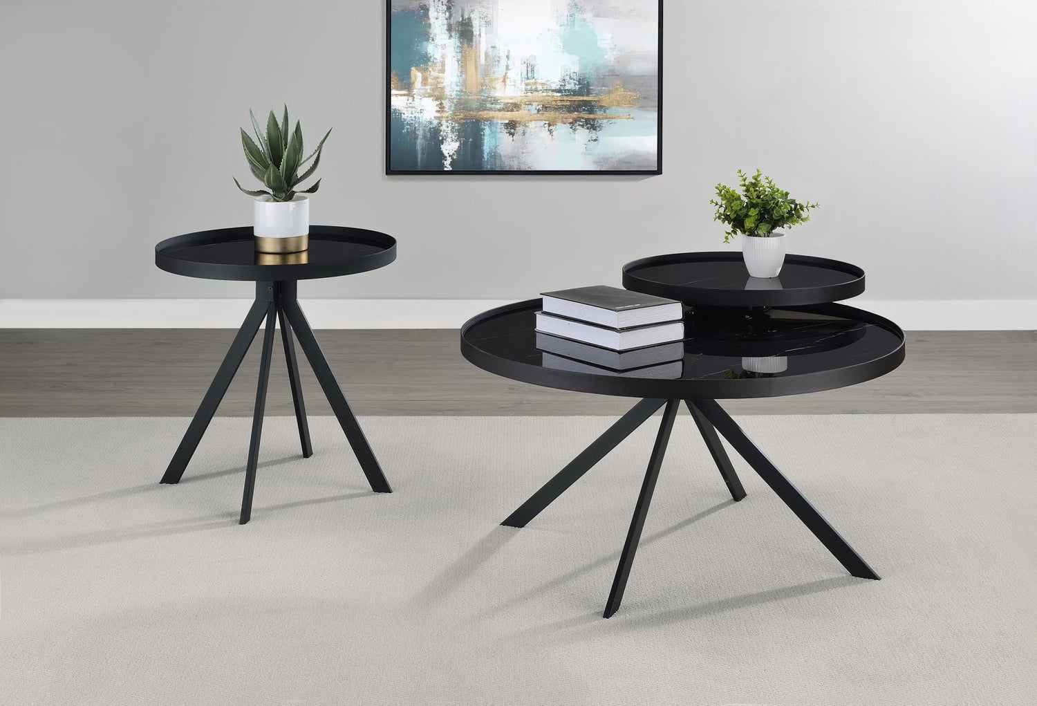 Briggs Round Marble Printed Glass Top Coffee Table Black - 706268