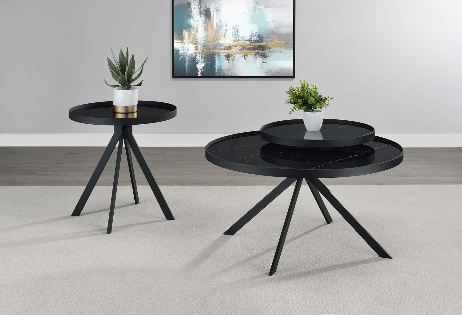 Briggs Round Marble Printed Glass Top Coffee Table Black - 706268