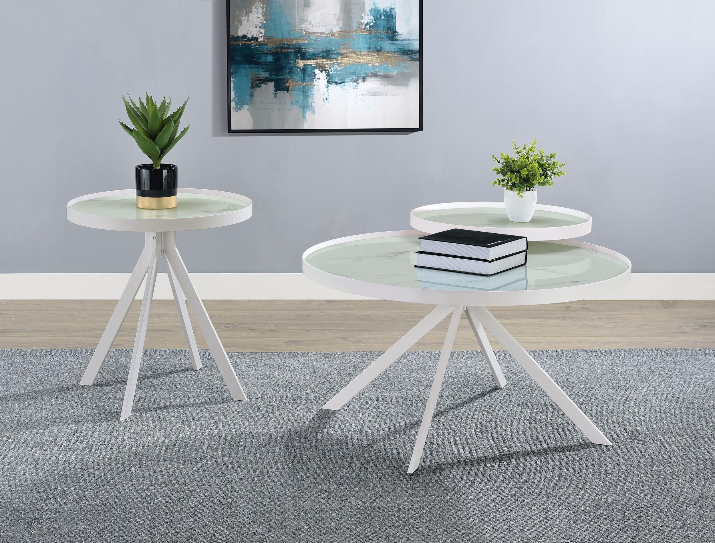 Briggs Round Marble Printed Glass Top End Side Table White - 706257