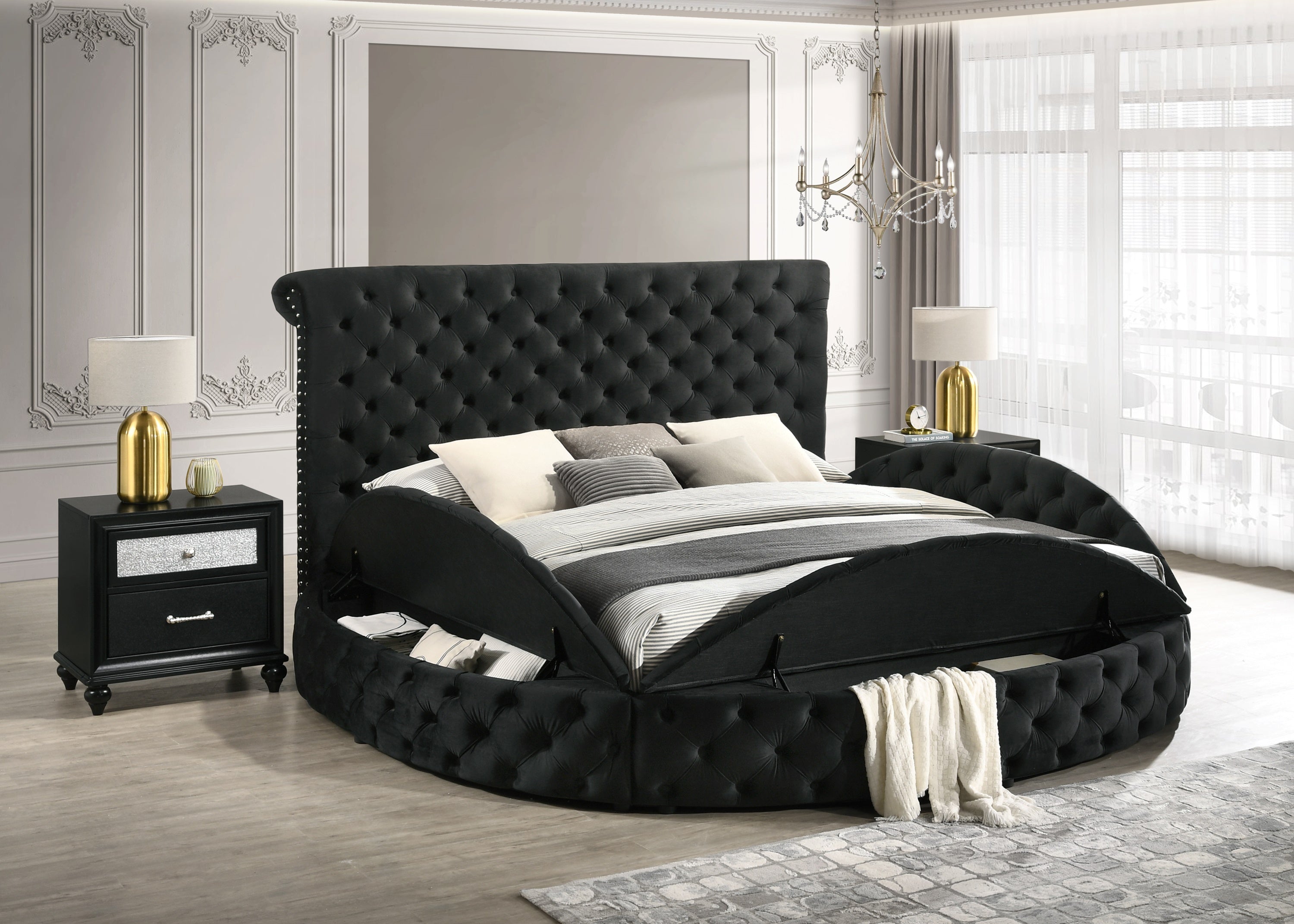 Brigitte Black King Upholstered Storage Panel Bed - SET | 5202BK-K-HB | 5202BK-K-FB | 5202BK-KQ-RL-L | 5202BK-KQ-RL-R