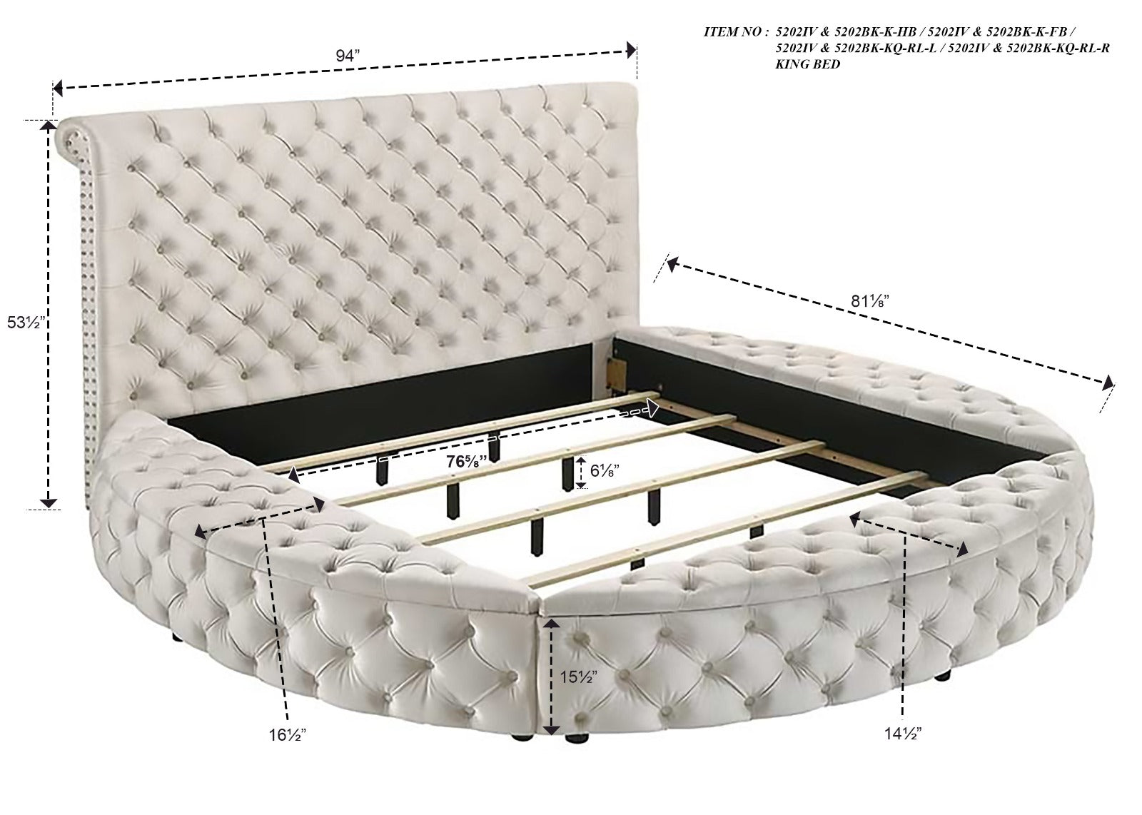 Brigitte Ivory King Upholstered Storage Panel Bed - SET | 5202IV-K-HB | 5202IV-K-FB | 5202IV-KQ-RL-L | 5202IV-KQ-RL-R