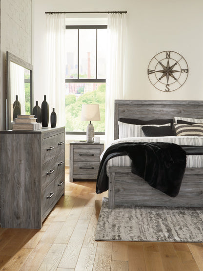Bronyan King Panel Bed with Mirrored Dresser and 2 Nightstands in Dark Gray - PKG014948