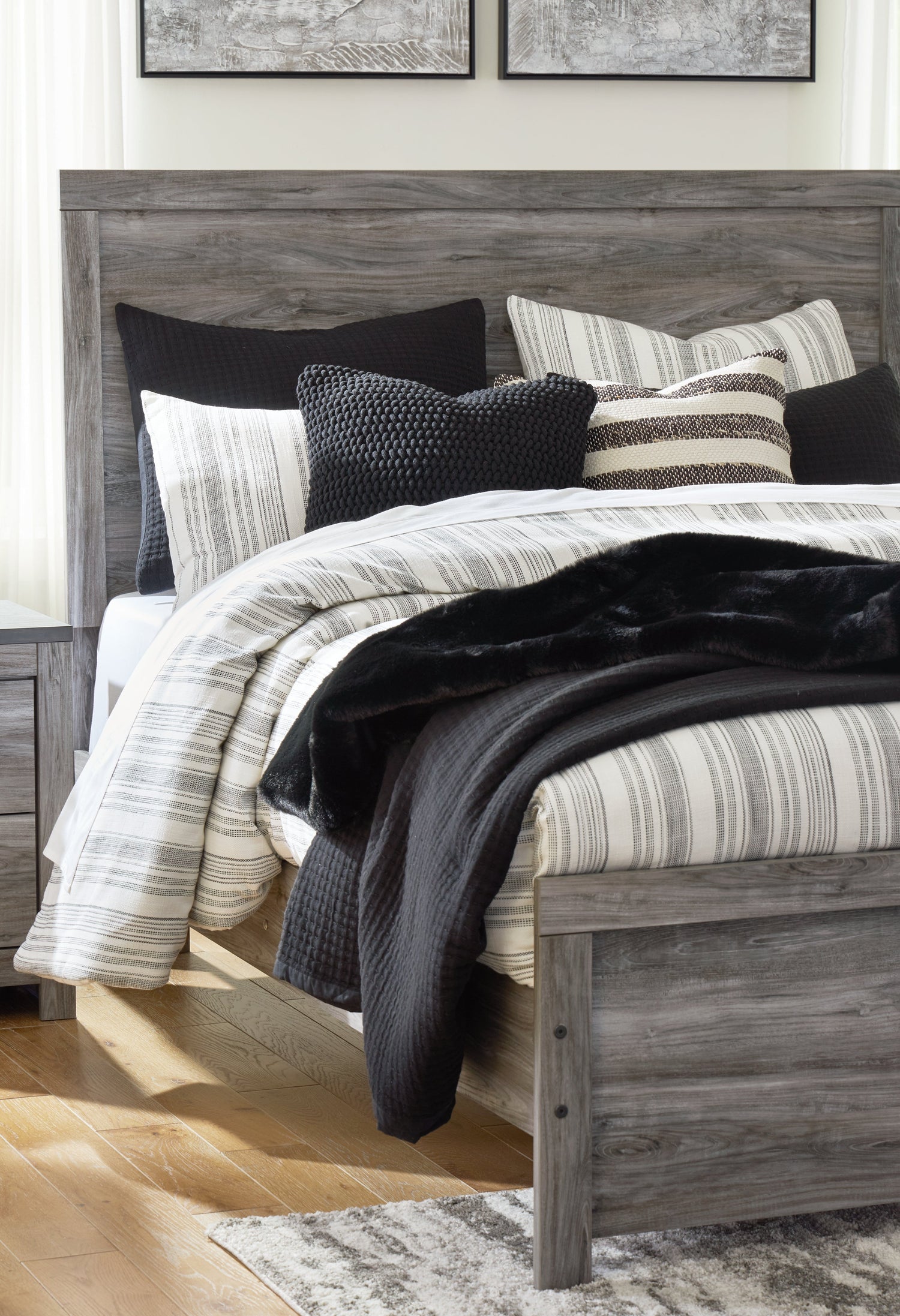 Bronyan King Panel Bed with Mirrored Dresser, Chest and 2 Nightstands in Dark Gray from Ashley - Luna Furniture