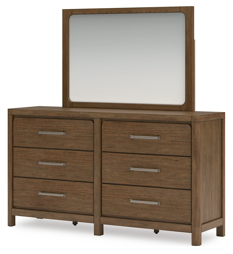 Cabalynn California King Panel Bed with Storage with Mirrored Dresser and Nightstand in Light Brown - PKG015749