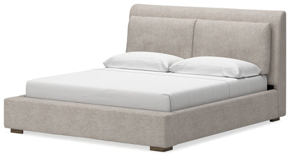 Cabalynn California King Upholstered Bed with Mirrored Dresser and 2 Nightstands in Light Brown - PKG015735