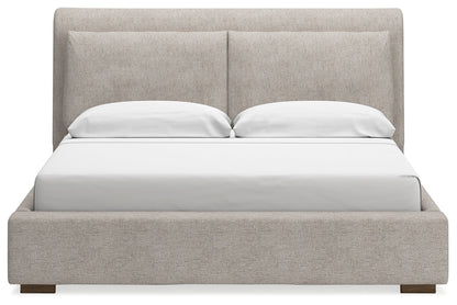 Cabalynn California King Upholstered Bed with Mirrored Dresser in Light Brown - PKG015734