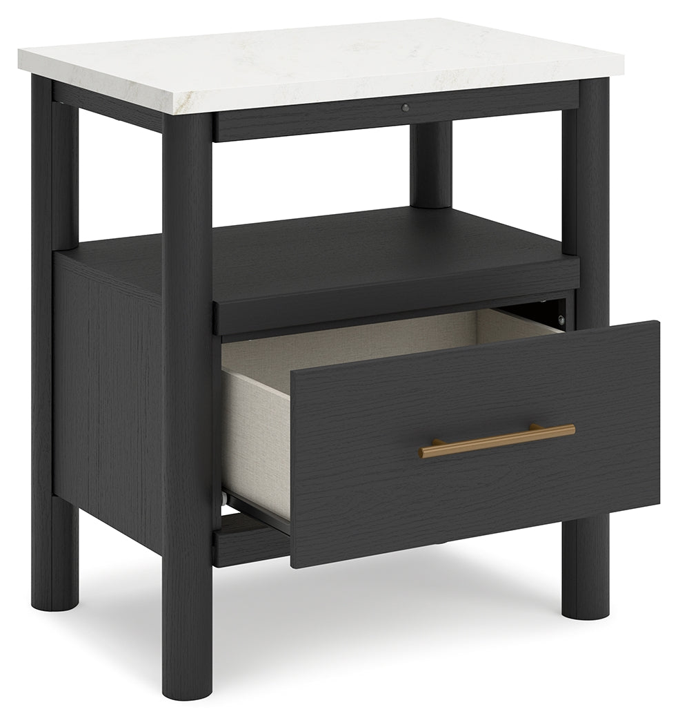 Cadmori Full Upholstered Panel Bed with 2 Nightstands in Black/White - PKG020274