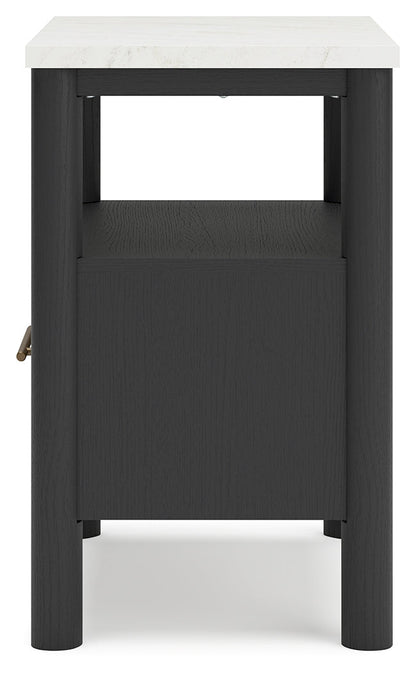 Cadmori Full Upholstered Panel Bed with 2 Nightstands in Black/White - PKG020274