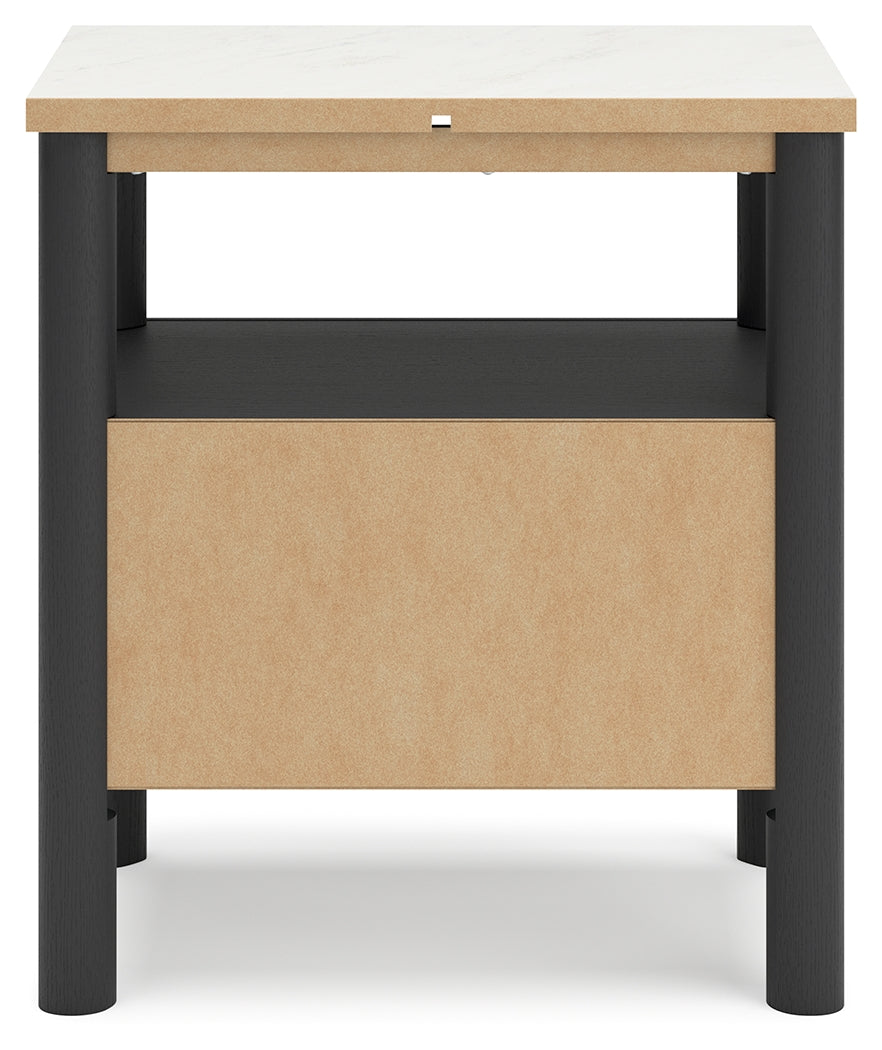Cadmori Full Upholstered Panel Bed with 2 Nightstands in Black/White - PKG020274