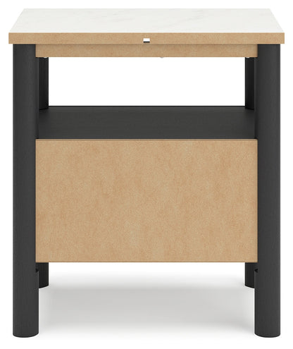 Cadmori Full Upholstered Panel Bed with 2 Nightstands in Black/White - PKG020274
