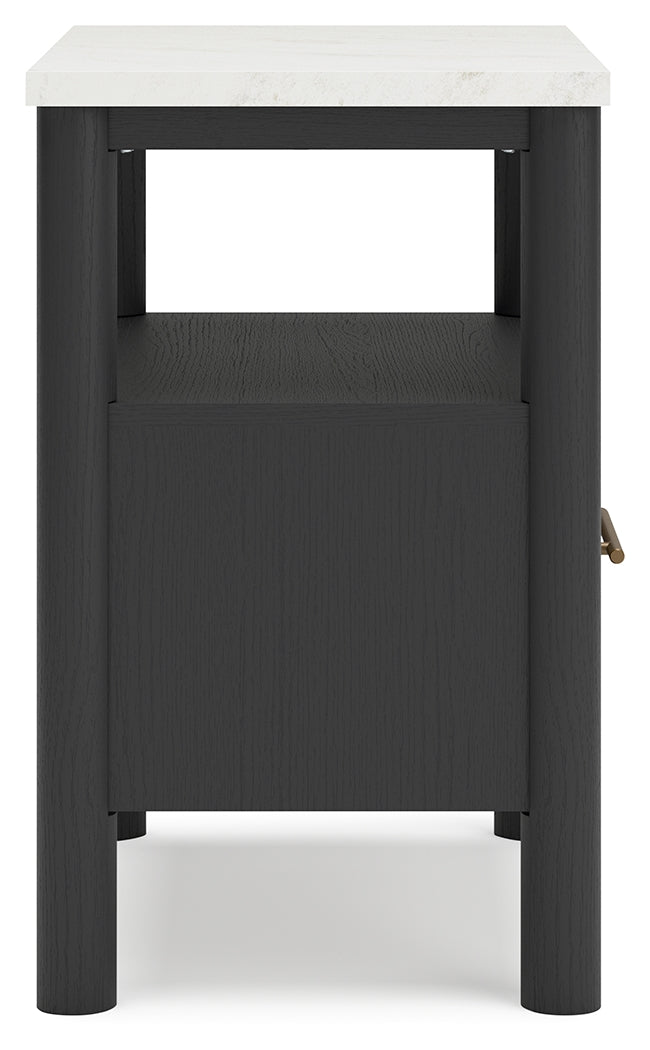 Cadmori Full Upholstered Panel Bed with 2 Nightstands in Black/White - PKG020274
