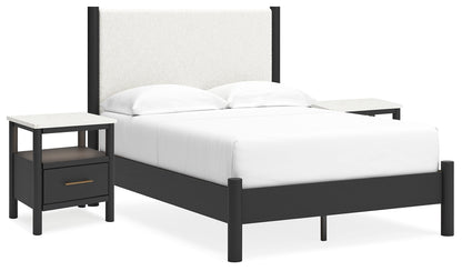 Cadmori Full Upholstered Panel Bed with 2 Nightstands in Black/White - PKG020274