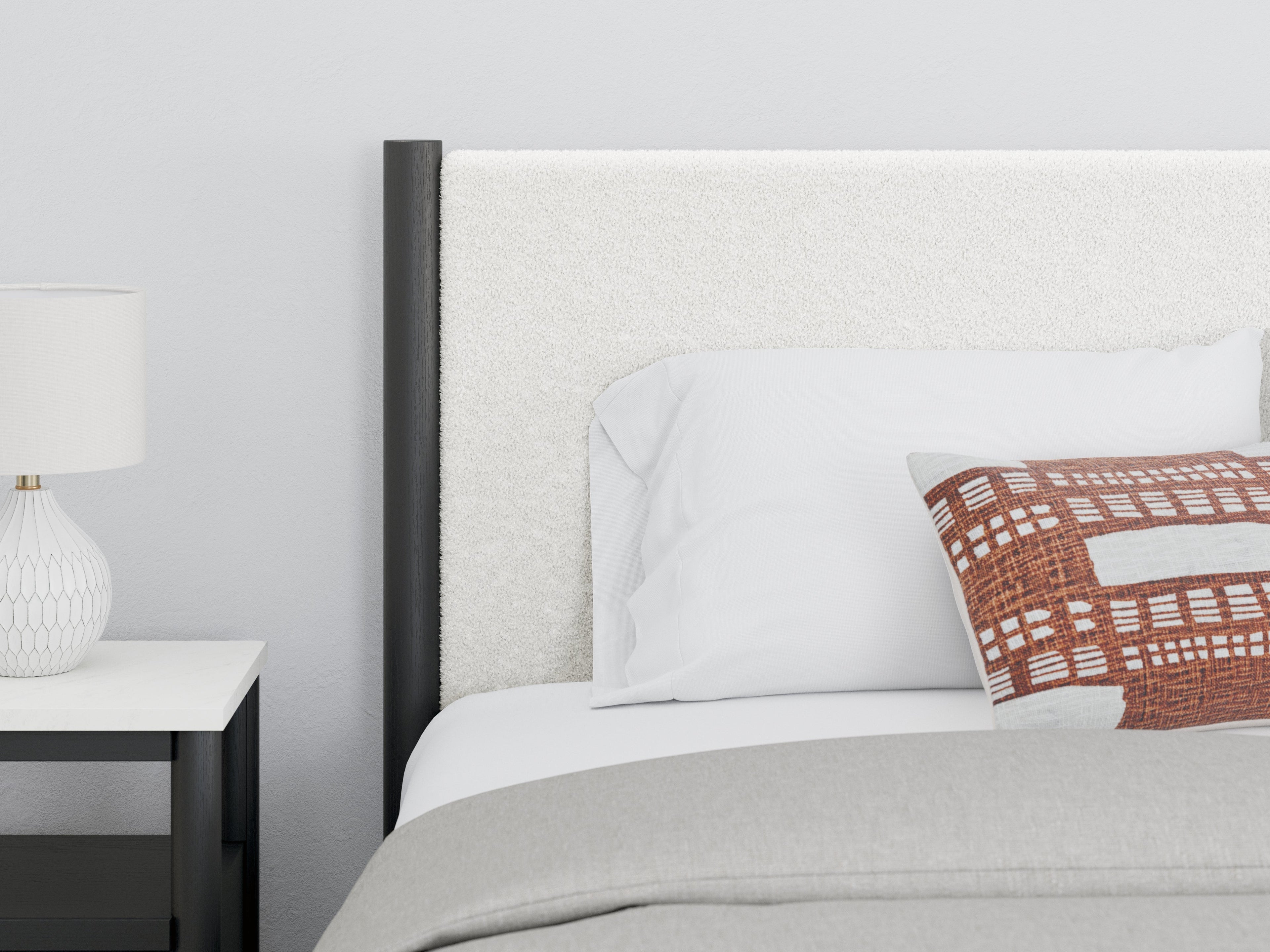 Cadmori Full Upholstered Panel Bed with 2 Nightstands in Black/White - PKG020274