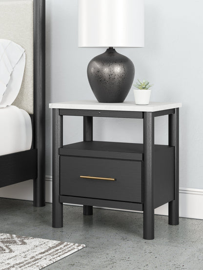 Cadmori Full Upholstered Panel Bed with 2 Nightstands in Black/White - PKG020274