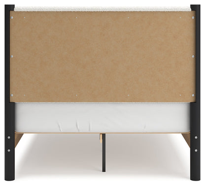 Cadmori Full Upholstered Panel Bed with 2 Nightstands in Black/White - PKG020274