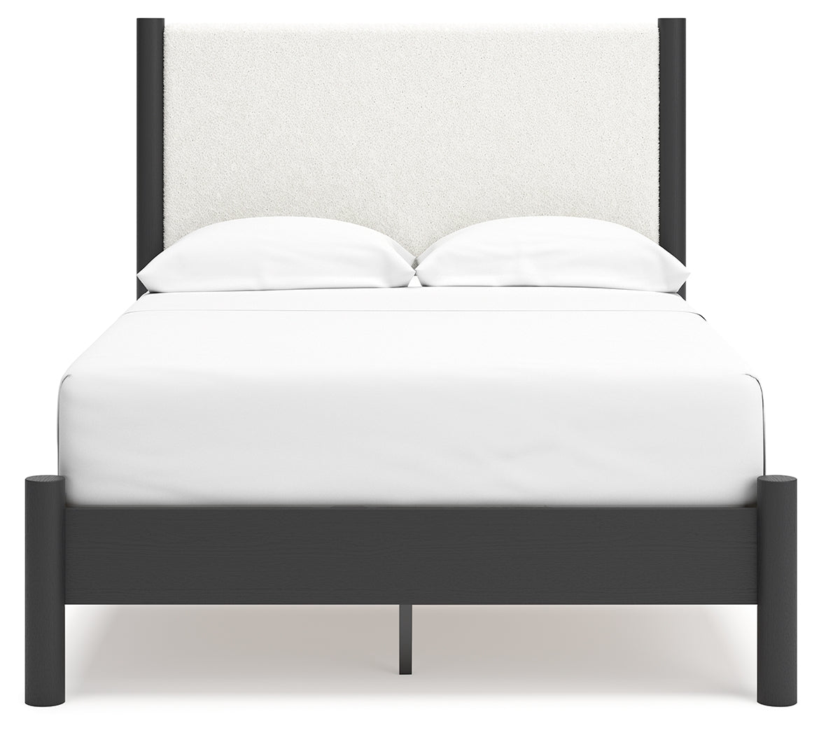 Cadmori Full Upholstered Panel Bed with Mirrored Dresser and Nightstand in Black/White - PKG020269