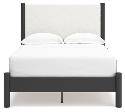 Cadmori Full Upholstered Panel Bed with Mirrored Dresser and Nightstand in Black/White - PKG020269