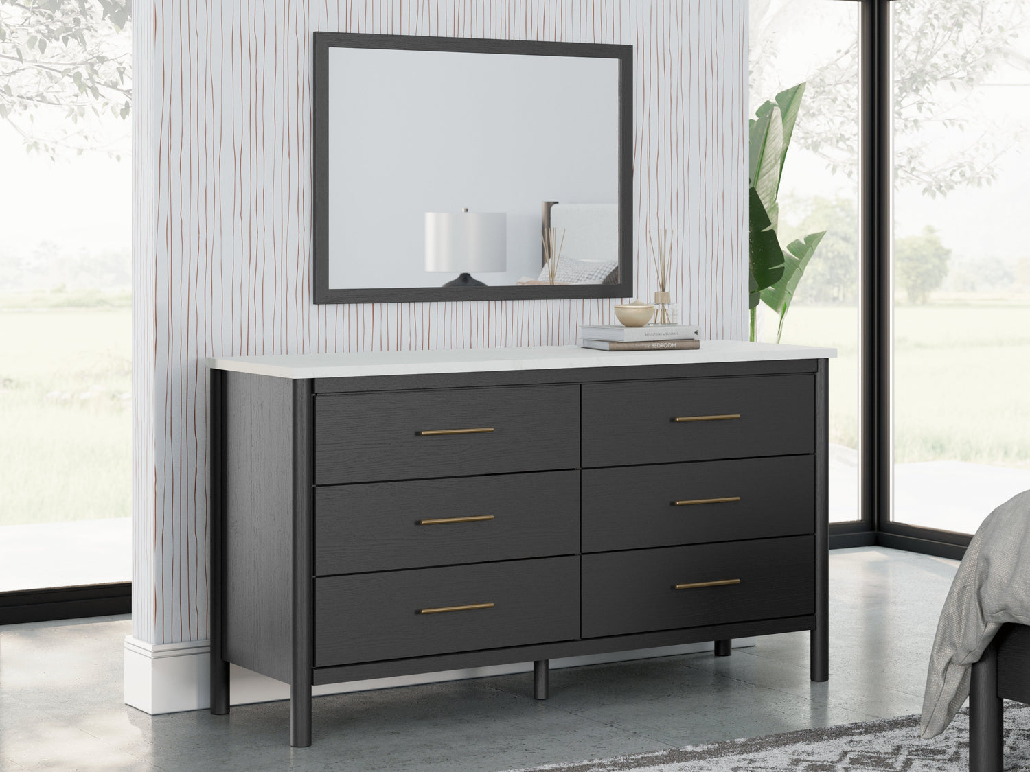 Cadmori Full Upholstered Panel Bed with Mirrored Dresser and Nightstand in Black/White - PKG020269