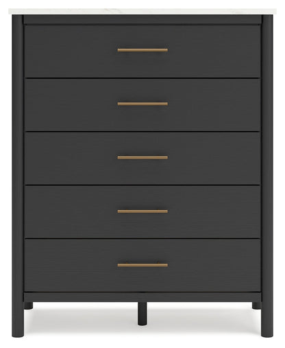 Cadmori Full Upholstered Panel Bed with Mirrored Dresser, Chest and 2 Nightstands in Black/White - PKG020268