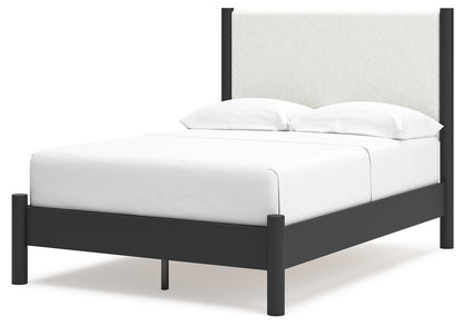 Cadmori Full Upholstered Panel Bed with Mirrored Dresser, Chest and 2 Nightstands in Black/White - PKG020268