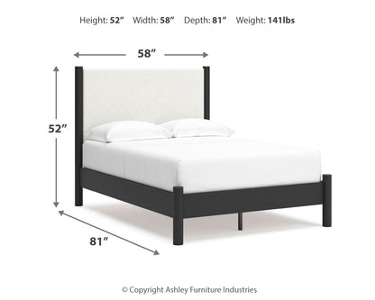 Cadmori Full Upholstered Panel Bed with Mirrored Dresser, Chest and 2 Nightstands in Black/White - PKG020268