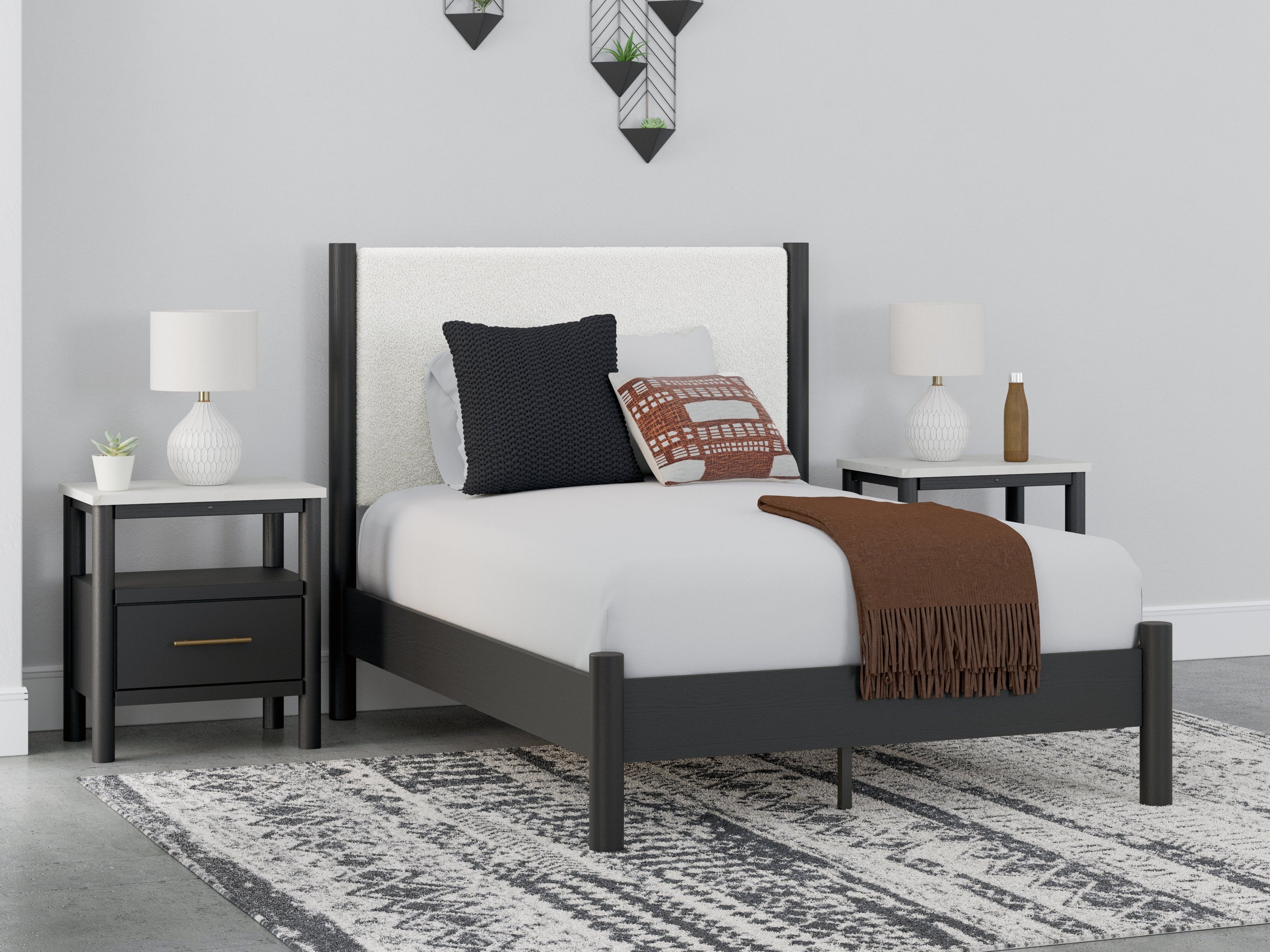 Cadmori Full Upholstered Panel Bed with Mirrored Dresser, Chest and Nightstand in Black/White - PKG020271