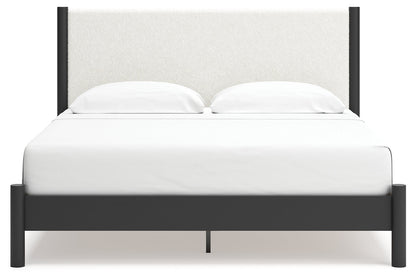 Cadmori King Upholstered Panel Bed with 2 Nightstands in Black/White - PKG020283