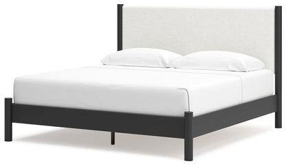 Cadmori King Upholstered Panel Bed with 2 Nightstands in Black/White - PKG020283