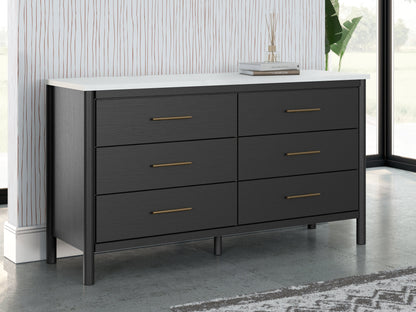Cadmori King Upholstered Panel Bed with Dresser and 2 Nightstands in Black/White - PKG020282