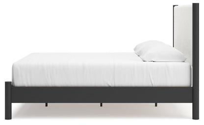 Cadmori King Upholstered Panel Bed with Dresser in Black/White - PKG020281