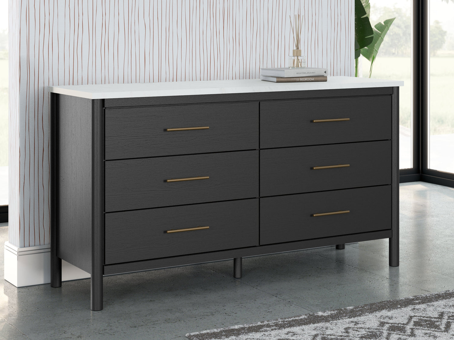 Cadmori King Upholstered Panel Bed with Dresser in Black/White - PKG020281