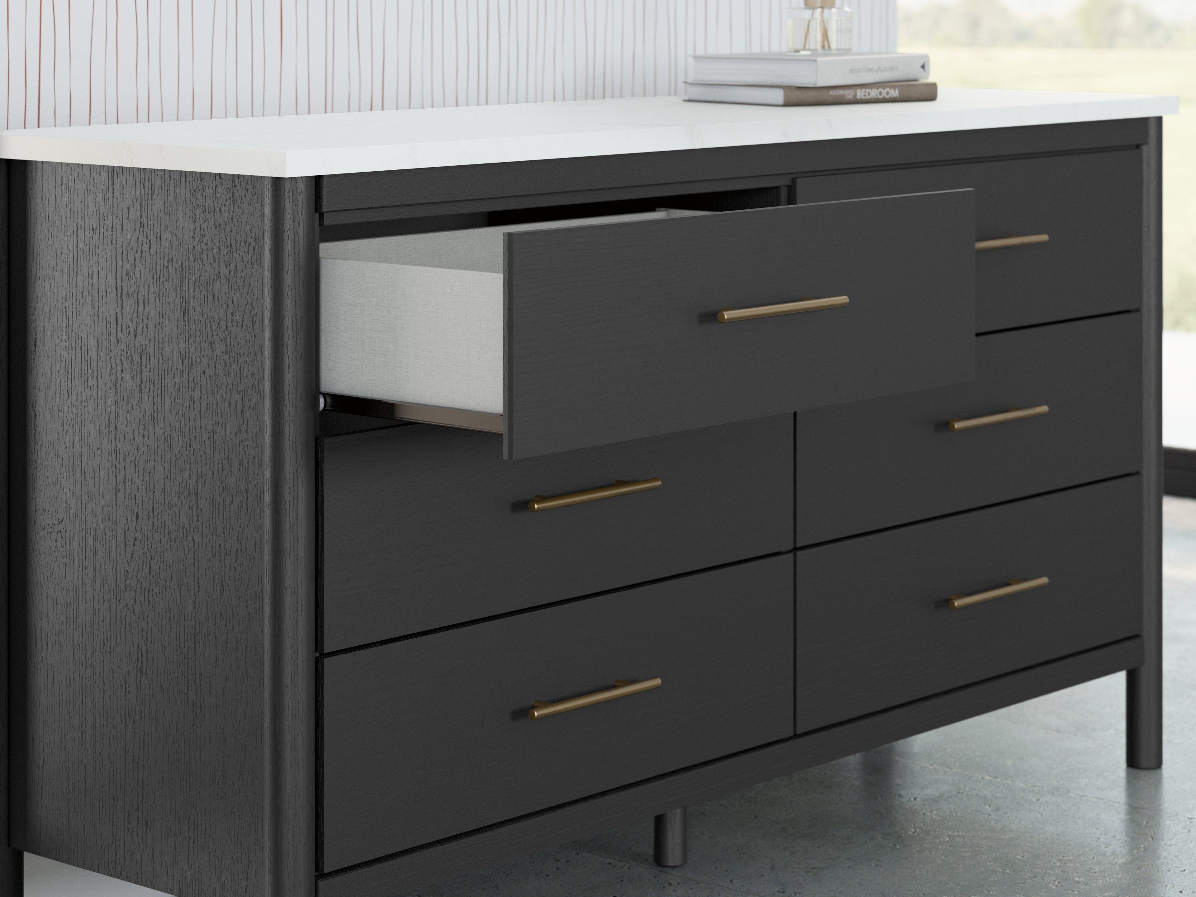 Cadmori King Upholstered Panel Bed with Dresser in Black/White - PKG020281