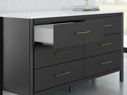 Cadmori King Upholstered Panel Bed with Dresser in Black/White - PKG020281