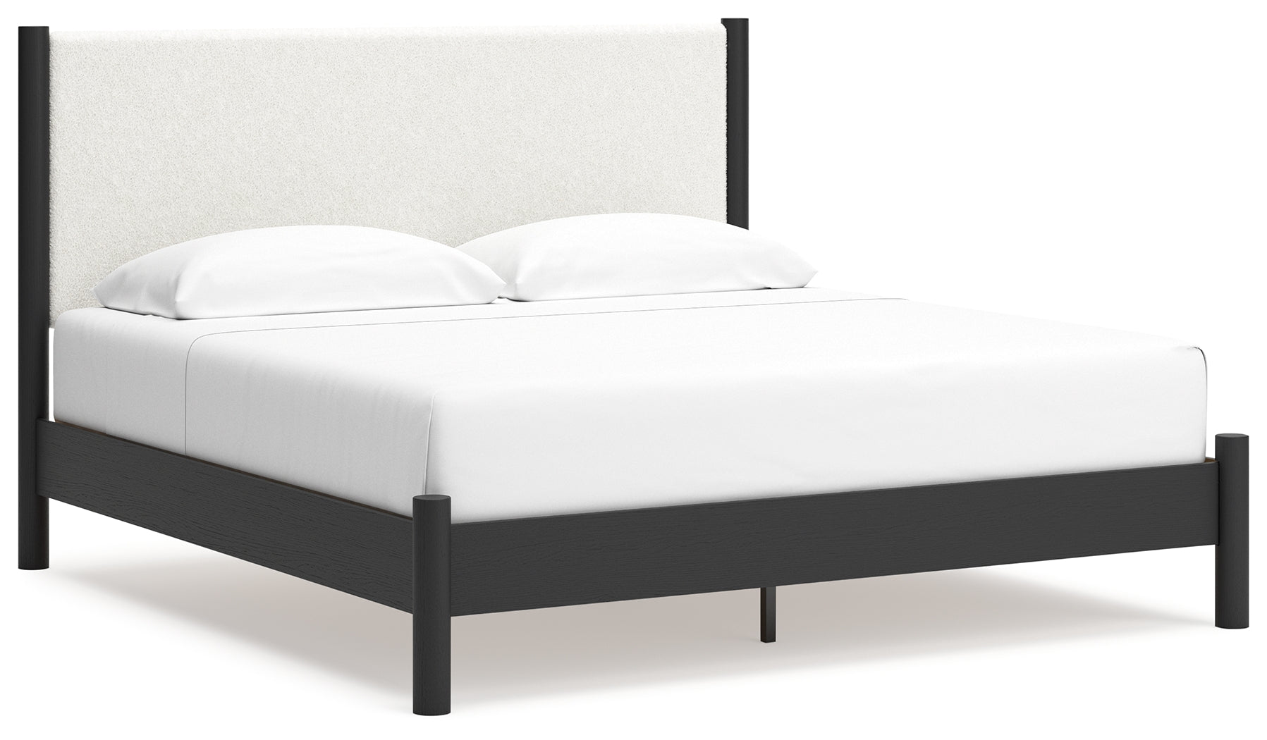 Cadmori King Upholstered Panel Bed with Mirrored Dresser and 2 Nightstands in Black/White - PKG020276