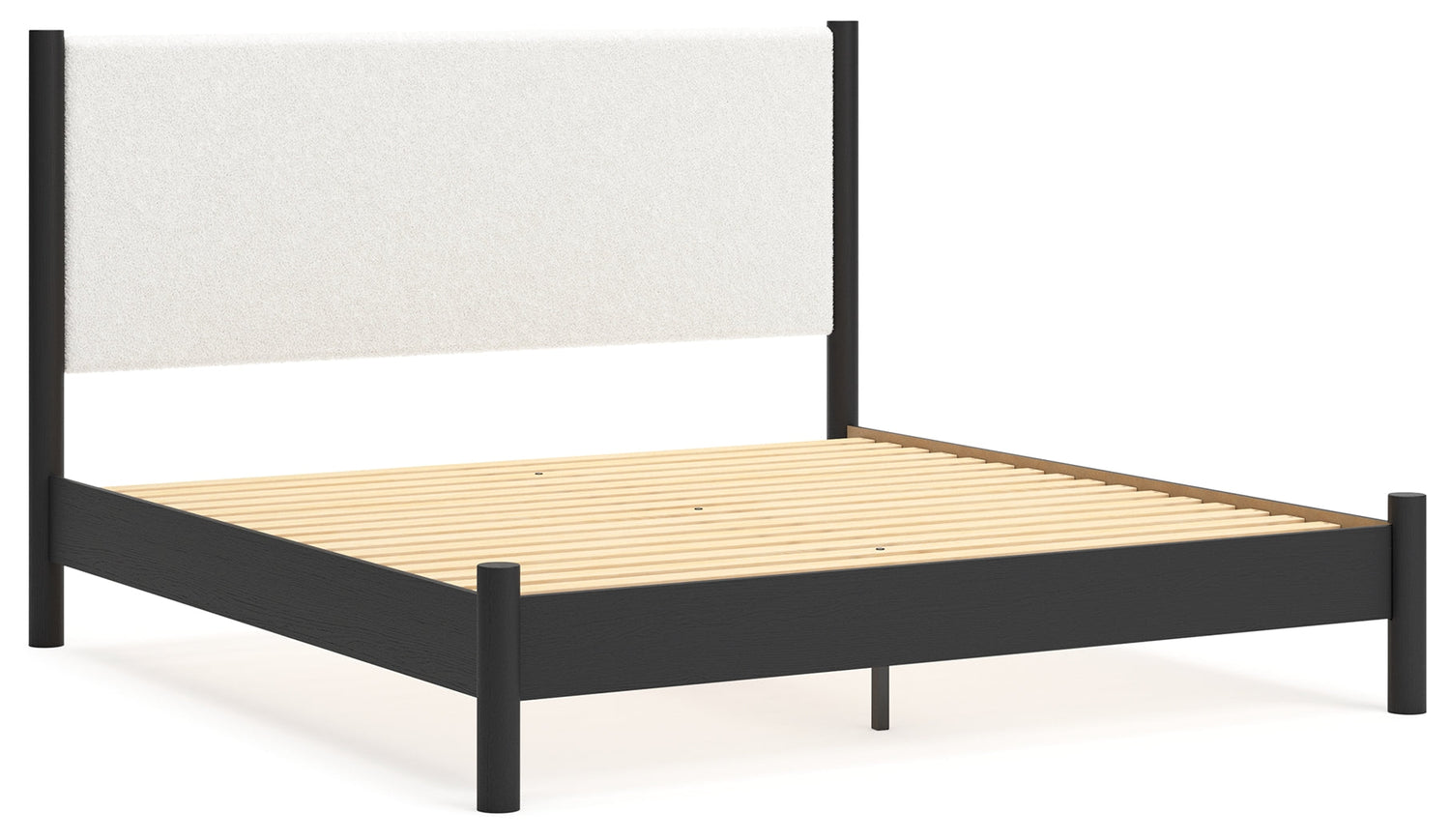 Cadmori King Upholstered Panel Bed with Mirrored Dresser and 2 Nightstands in Black/White - PKG020276