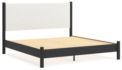 Cadmori King Upholstered Panel Bed with Mirrored Dresser and 2 Nightstands in Black/White - PKG020276
