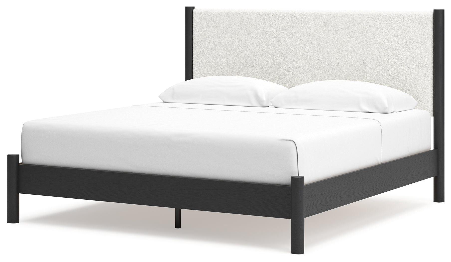 Cadmori King Upholstered Panel Bed with Mirrored Dresser and 2 Nightstands in Black/White - PKG020276
