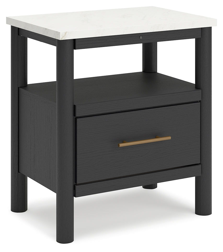 Cadmori King Upholstered Panel Bed with Mirrored Dresser and 2 Nightstands in Black/White - PKG020276