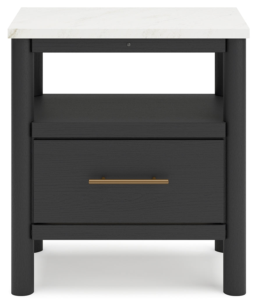 Cadmori King Upholstered Panel Bed with Mirrored Dresser and 2 Nightstands in Black/White - PKG020276